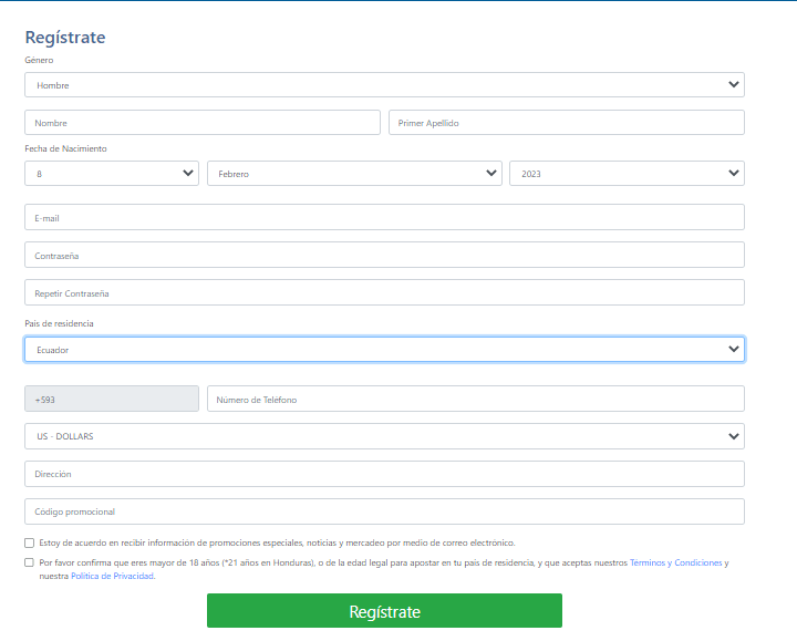 Formulario de registro Betcris casino Ecuador