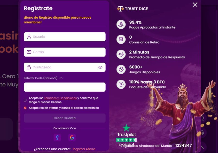 Registro Trustdice Casino Ecuador