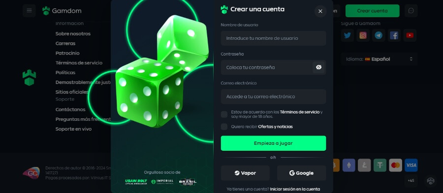 Registro en el criptocasino Gamdom -Ecuador 