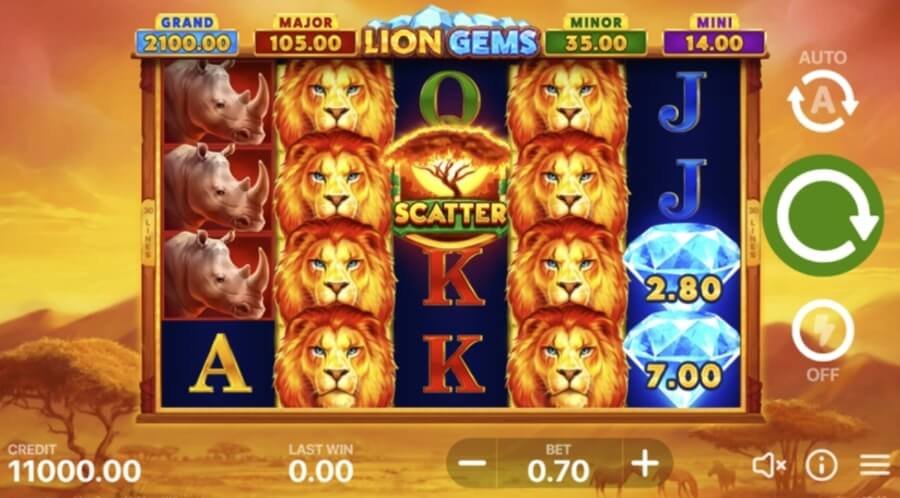 Pantalla de juego de la tragamonedas Lion Gems: Hold and Win