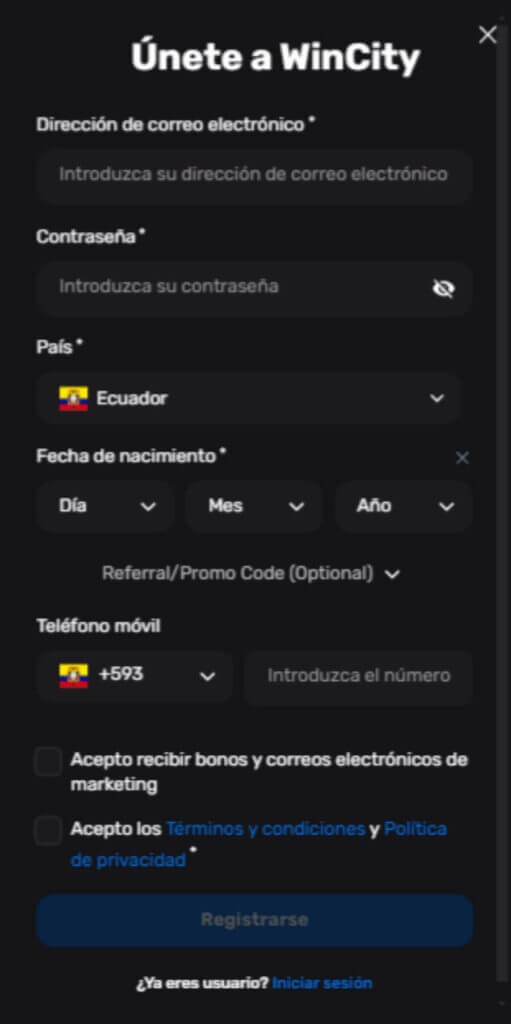 Registro en el casino Win.city Ecuador