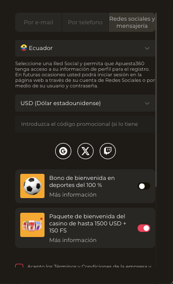 registro A360 por redes sociales